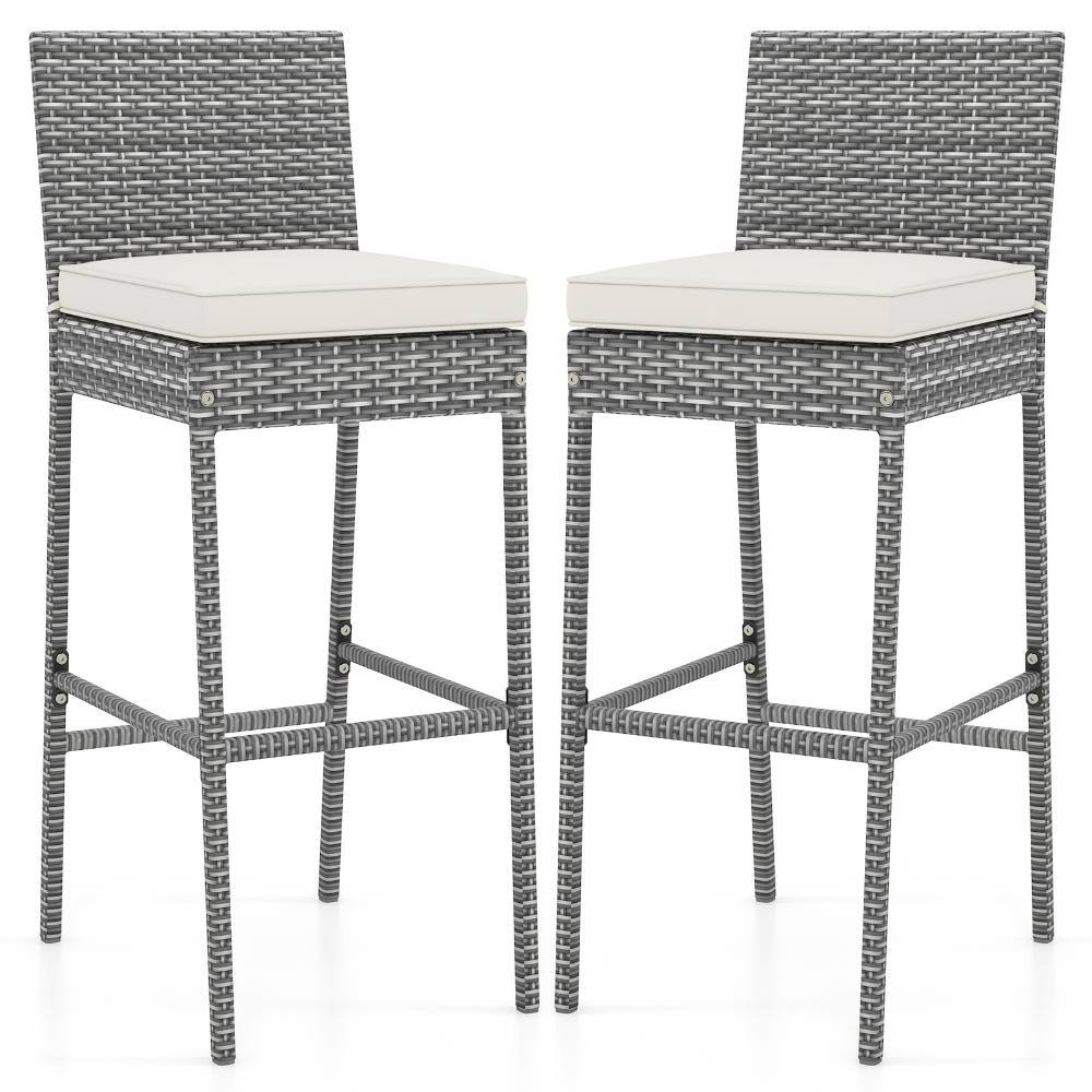 Two gray wicker bar stools with white cushions and footrests against a white background.