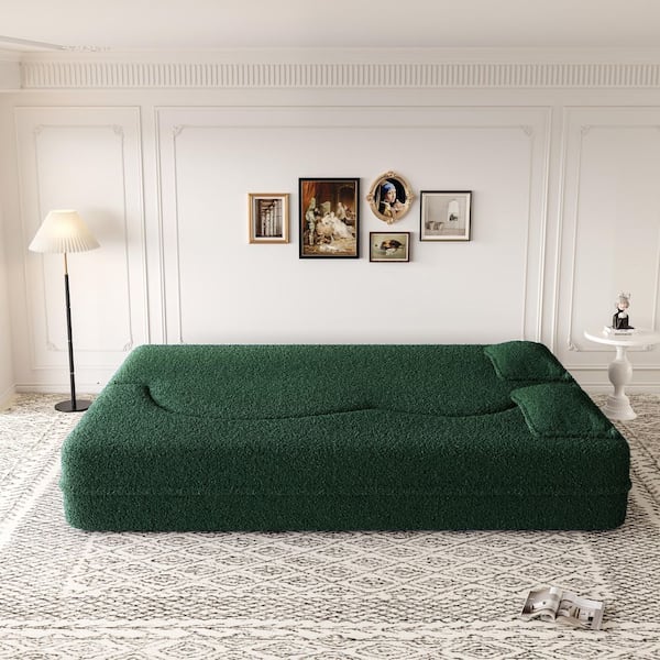 78 in. Straight Arm Teddy Fabric Rectangle Convertible Foam-Filled Modern Floor Sofa in Green