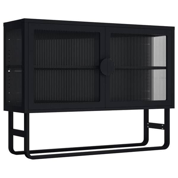 Tatahance Black Steel Sideboard Buffet Cabinet with Double Tempered Glass-Doors and Adjustable Shelf