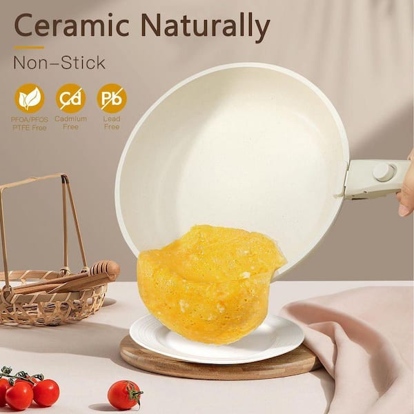 Aluminum 21-Piece Ceramic Nonstick Cookware Set Cream, Detachable