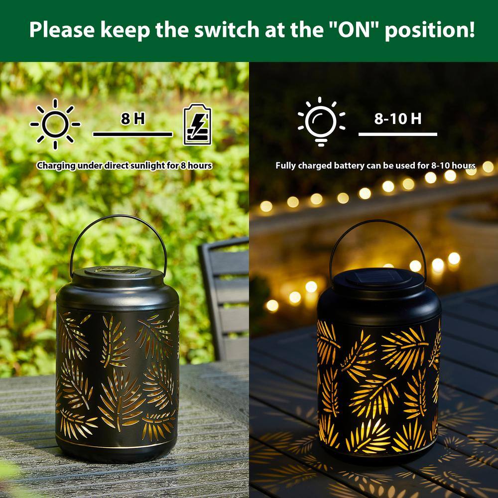 Black Metal Cylinder Solar Powered Outdoor Lantern with Leaf Cutouts