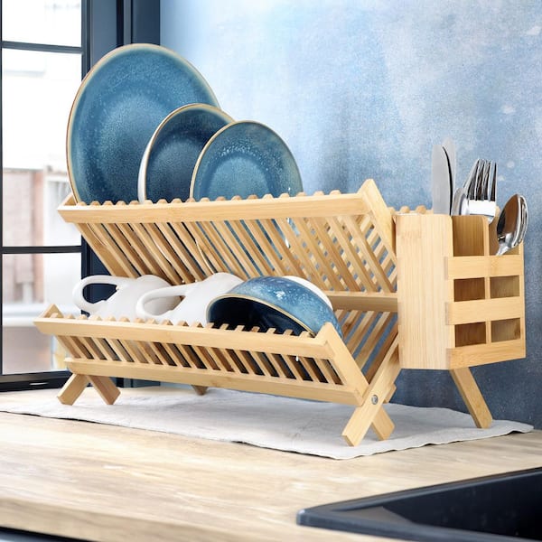 2-Tier Collapsible Kitchen Bamboo Drying Dish Rack with Utensil Holder