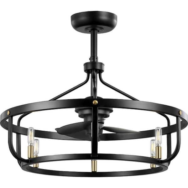 Progress Lighting Copan 28.75 in. Indoor/Outdoor Industrial Black and Gold Cage Ceiling Fan with 2700K Bulbs Included and Remote Control