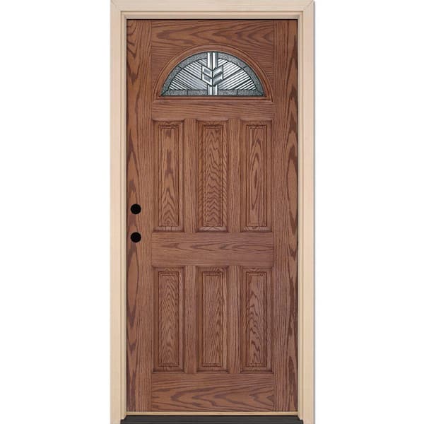 Feather River Doors 37.5 in. x 81.625 in. Phoenix Patina Fan Lite Stained Medium Oak Right-Hand Inswing Fiberglass Prehung Front Door