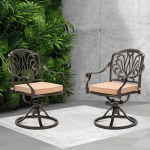 Classic Dark Brown Swivel Cast Aluminum Outdoor Dining Chair with Beige Cushions (2-Pack)