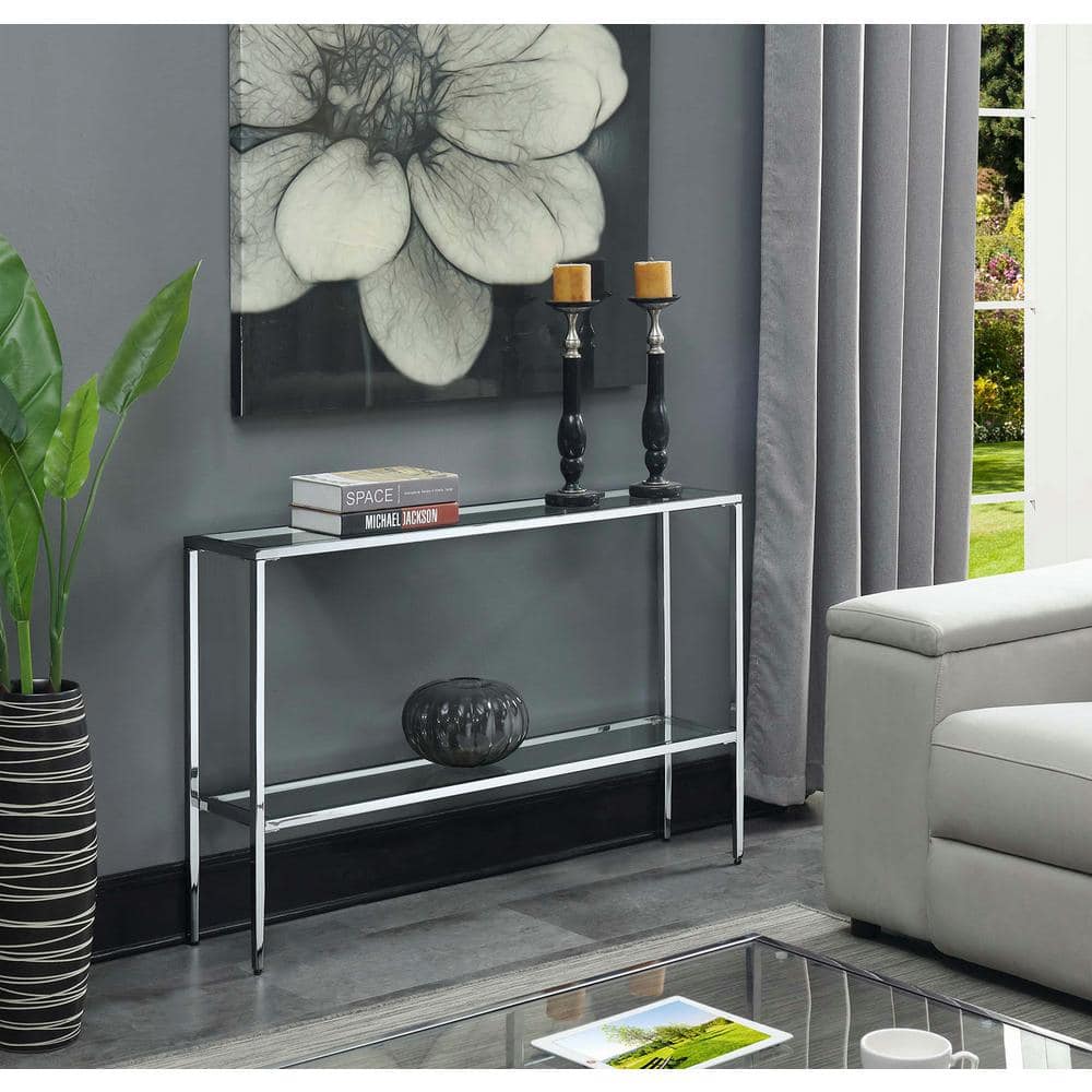 Elegant Nadia Chrome and Glass Console Table with Dual Shelves