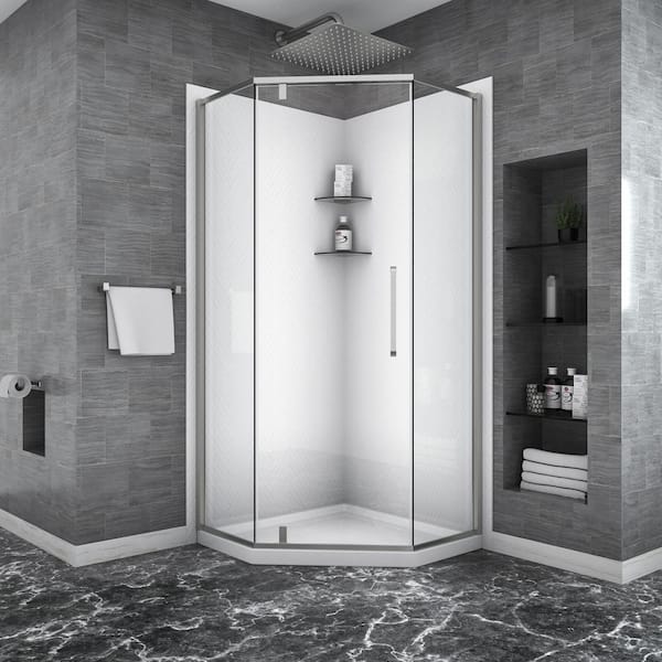 Unbranded 34 in. W x 72 in. H Neo-Angle Pivot Semi Frameless Corner Shower Enclosure in Brushed Nickel Finish