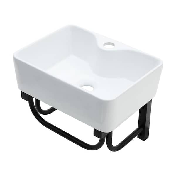 16 in. x 12 in. x 5 in. Ceramic Rectangular Wall-Mounted Bathroom Mini Vessel Sink with Single Faucet Hole in White