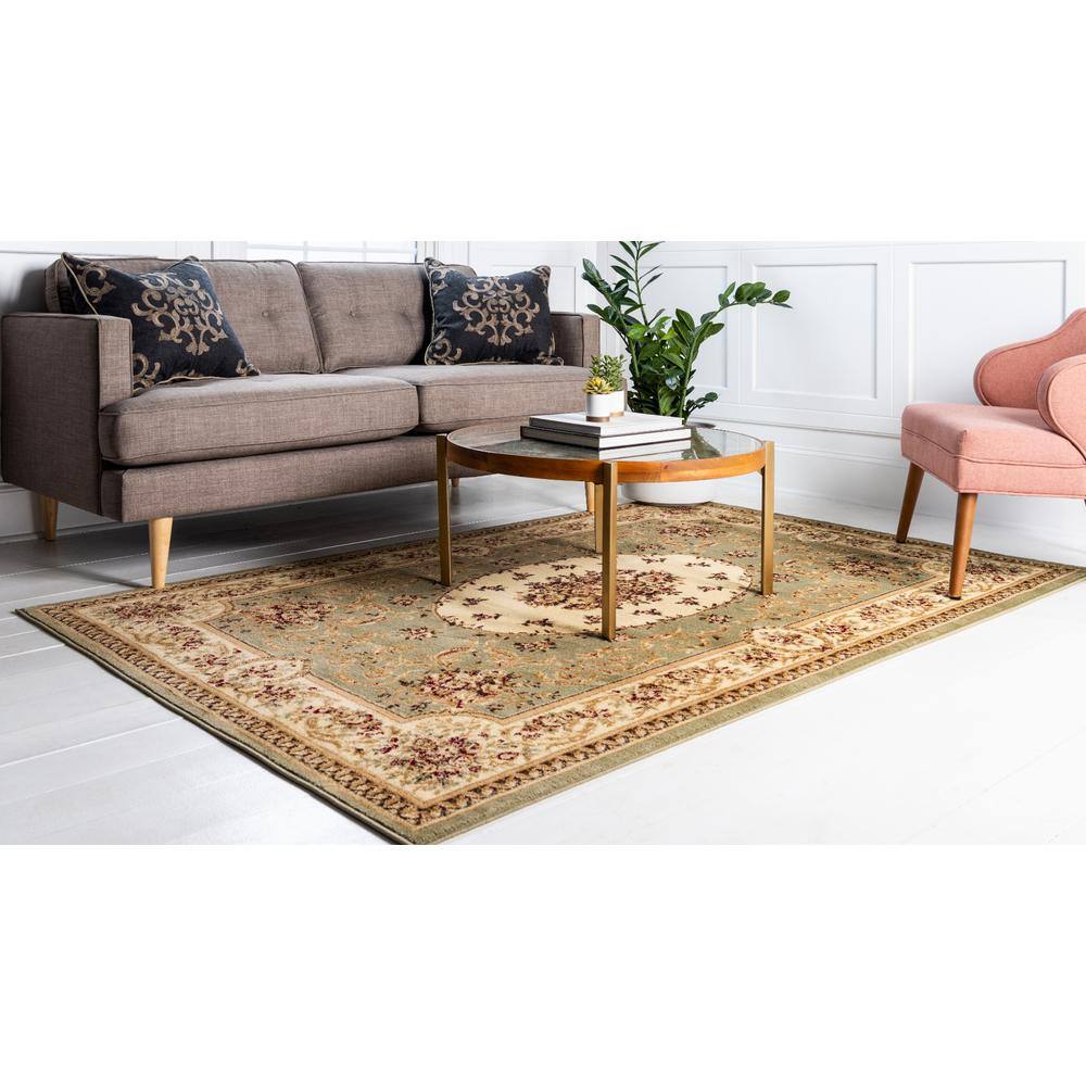 Green and Beige Floral Rectangular Synthetic 9' x 12' Area Rug