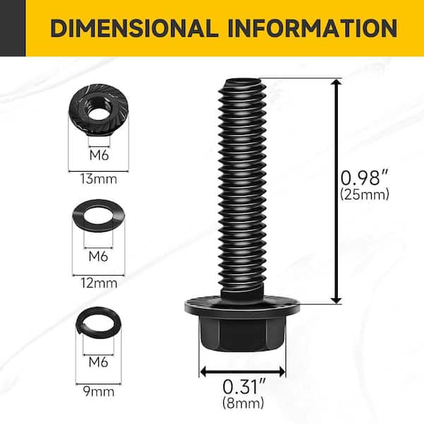 MYWISH M6 x 25 mm Black Oxide Zinc Carbon Steel Flanged Hex Bolt