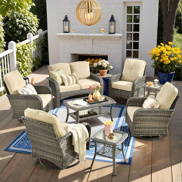 Denali Gray 8-Piece Wicker Patio Conversation Sofa Seating Set with Swivel Rocking Chairs and Beige Cushions