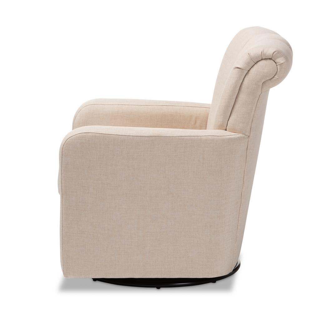 Beige Channel-Tufted Leather Swivel Accent Chair with Manufactured Wood