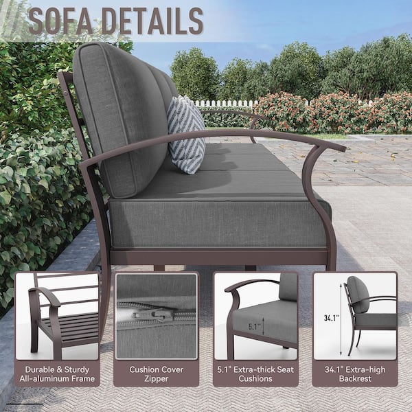 5-Piece Aluminum Patio Conversation Set with armrest, Firepit Table, Swivel Rocking Chairs and Black Cushions