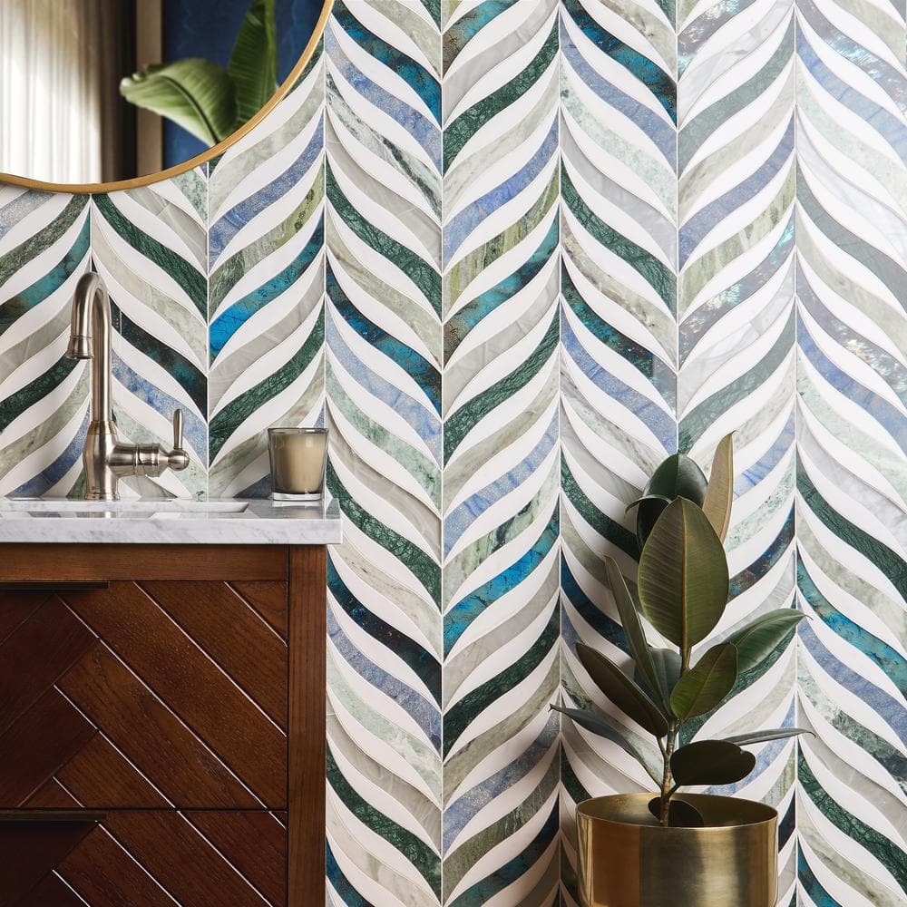 Verde Azul Green Polished Marble and Glass Mosaic Wall Tile