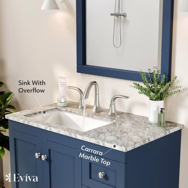 Eviva Navy 36 Deep Blue Transitional Bathroom Vanity w/ White Carrara