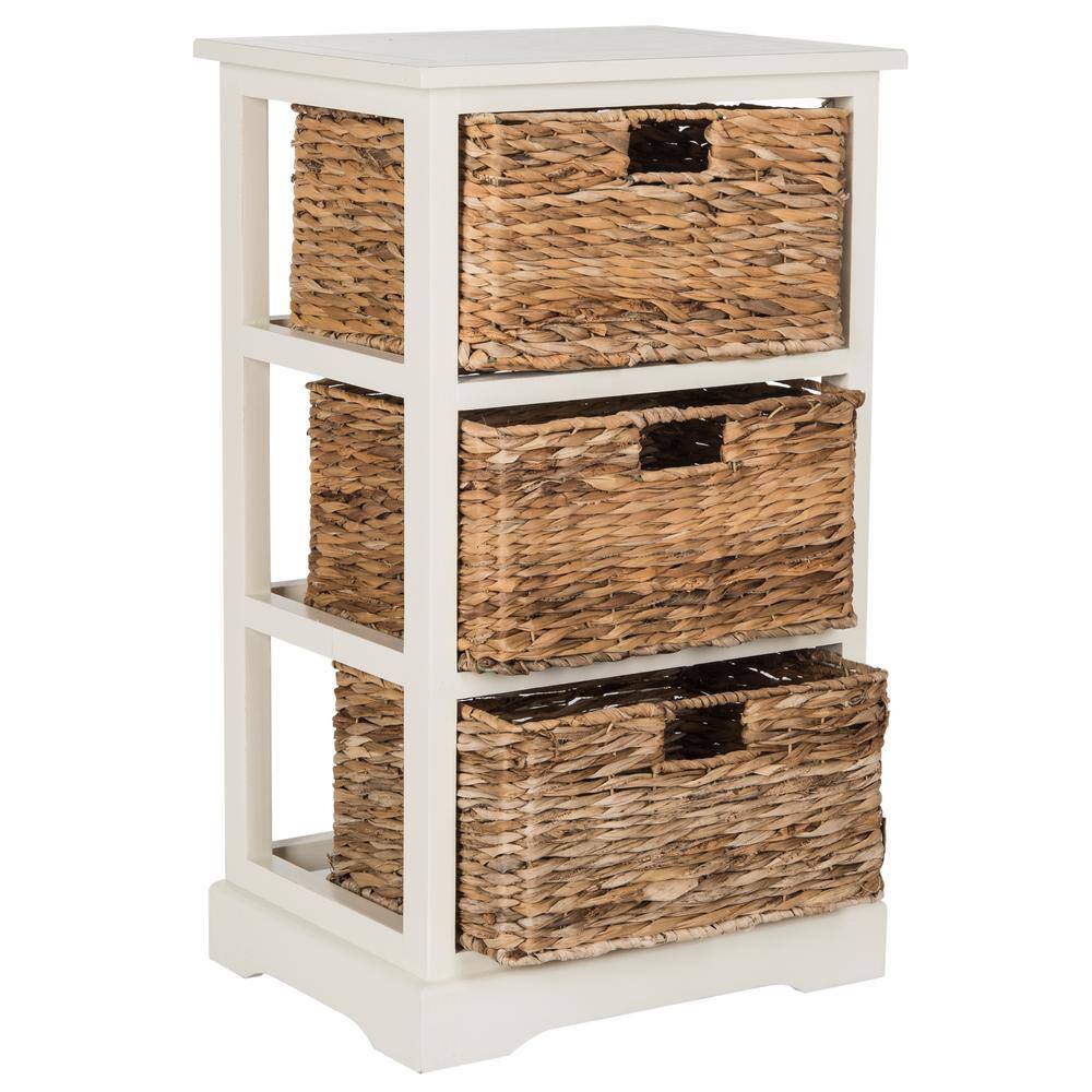 Distressed White Pine Wood 3-Drawer Side Table with Wicker Baskets