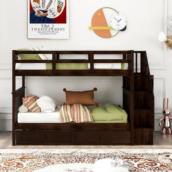 Shogo Brown Twin Over Twin Size Bunk Bed with Twin Size Trundle for Bedroom