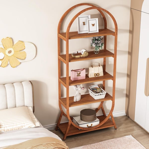 Eulas 70.87 in. Tall Brown Wood 5-Shelf Etagere Bookcase with Stylish Arched Top