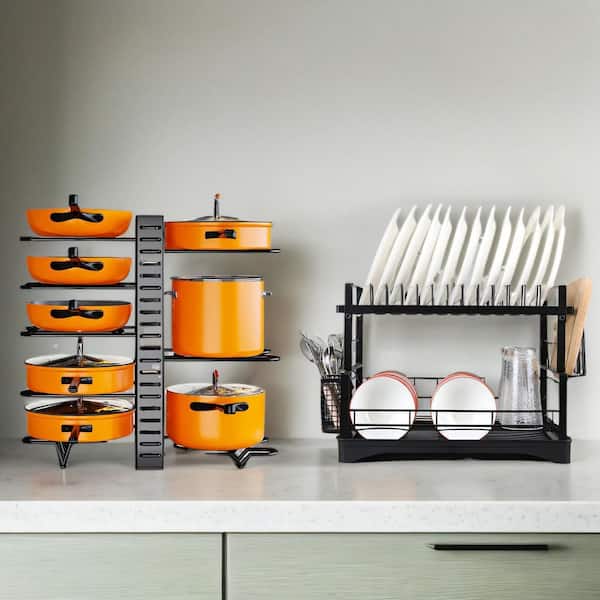 Wudkey 2-Piece Set with 8-Tier Pot Organizer Rack and Dish Rack for Kitchen Counter, Dish Drying Rack with Utensil Holders