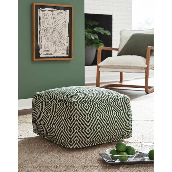 Abacy Green/Ivory Cotton 23 in. W x 23 in. D x 14 in. H Pouf