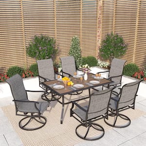 Black 7-Piece Metal Outdoor Patio Dining Set with Wood-Look Umbrella Table and Padded Textilene Swivel Chairs