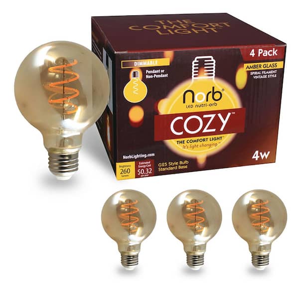 NorbCOZY 4W Equivalent Relaxing G25 2200K Dimmable Warm Amber Spiral Cozy Vintage Edison LED Light Bulb (4-Pack)
