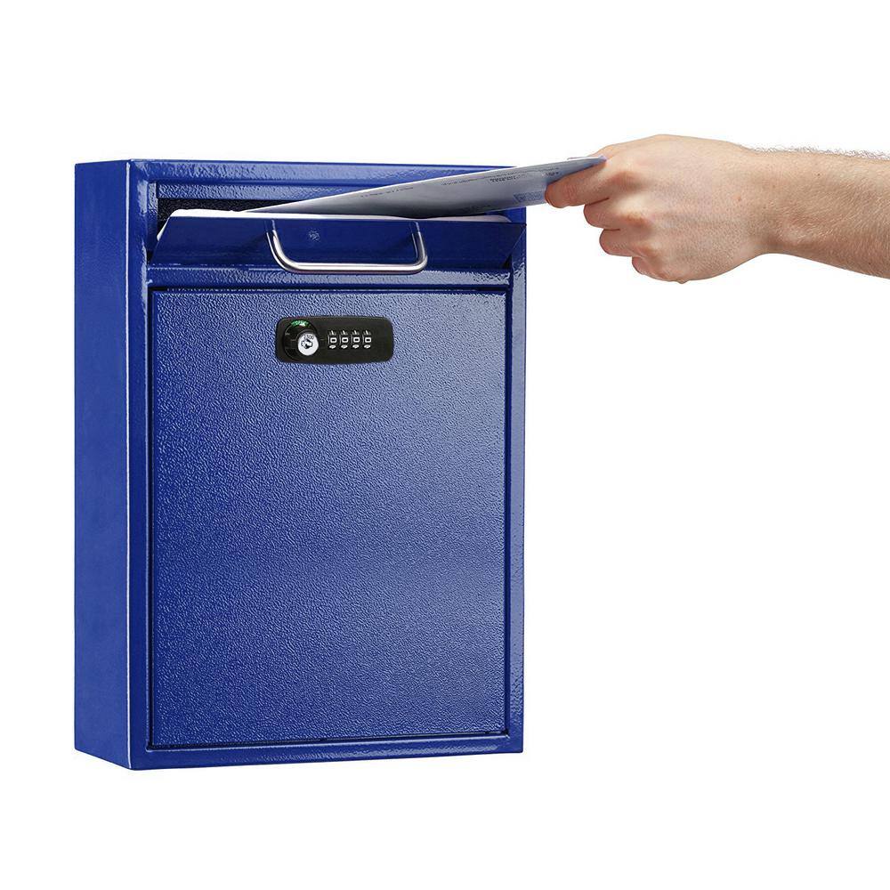 Large Blue Powder-Coated Steel Wall Mount Locking Mailbox