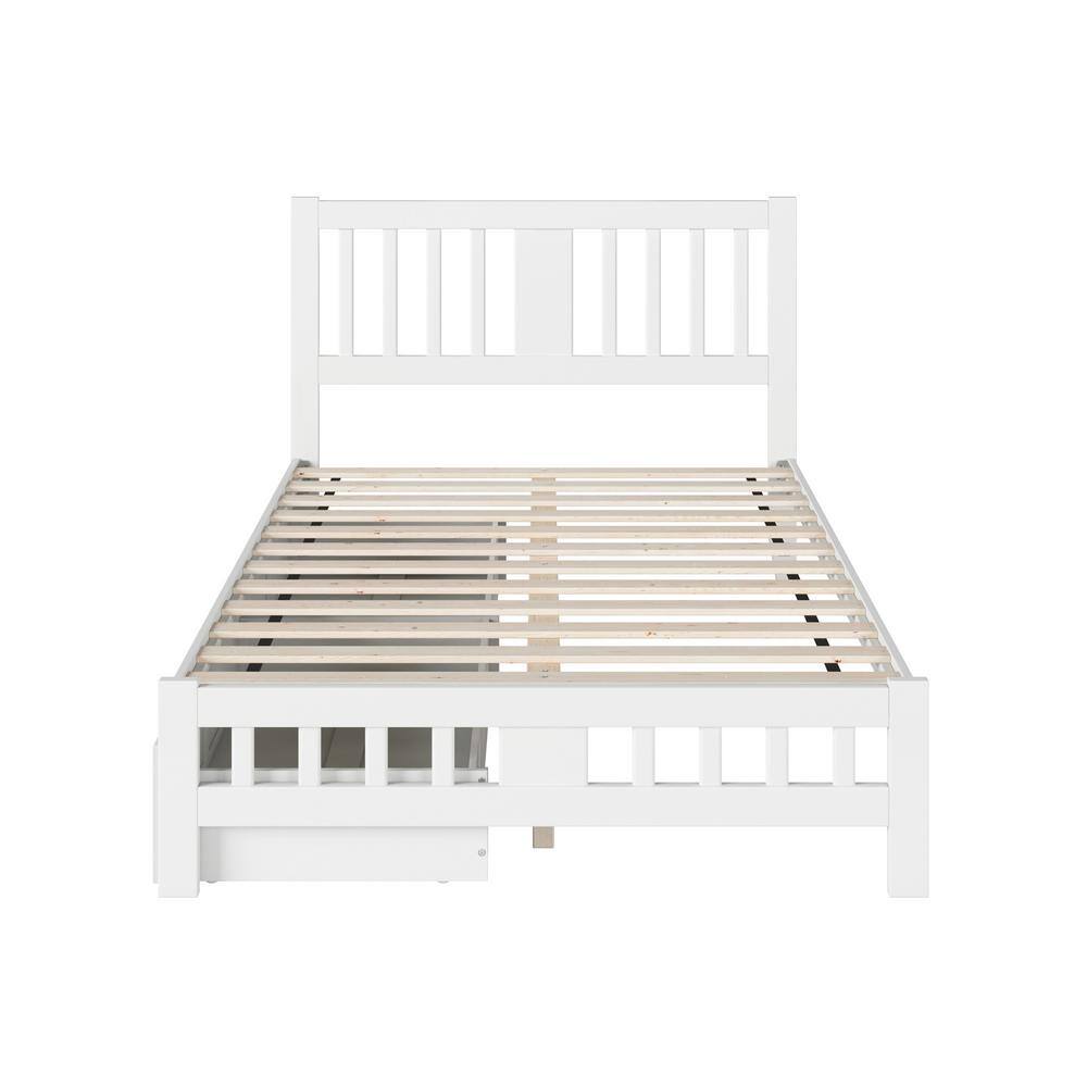 White Full Wood Bed with Headboard and 2 Drawers