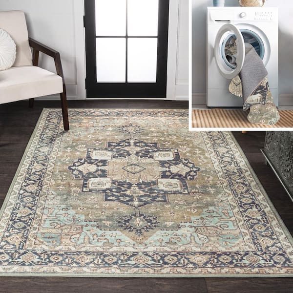JONATHAN Y Maris Ornate Medallion Machine-Washable Light Green/Tan/Blue 3 ft. x 5 ft. Area Rug