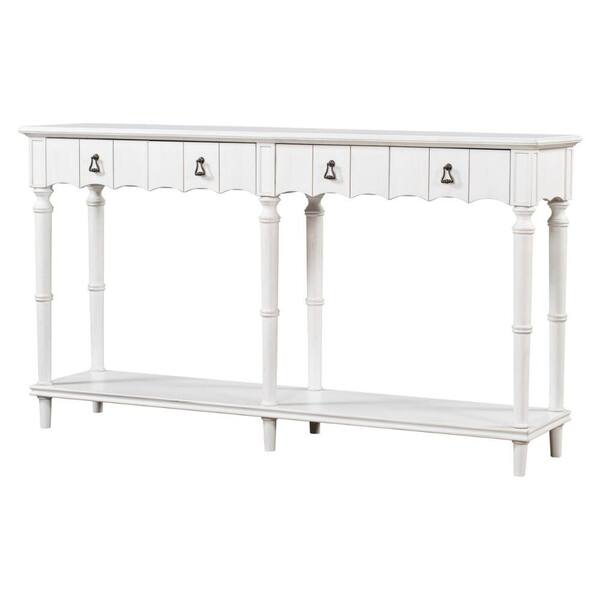 Benjara White Wood Top 63 in. Sideboard with 4 Drawers and Turned Legs