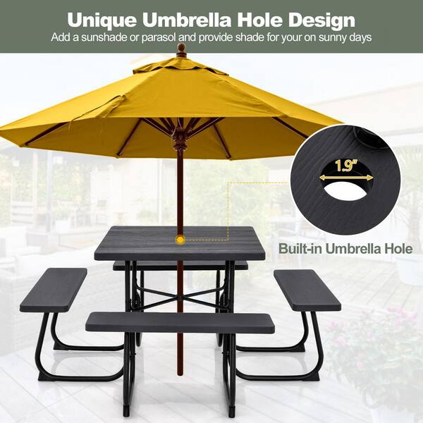 67 in. Black Rectangle HDPE Picnic Table Seats 8 People with Umbrella Hole