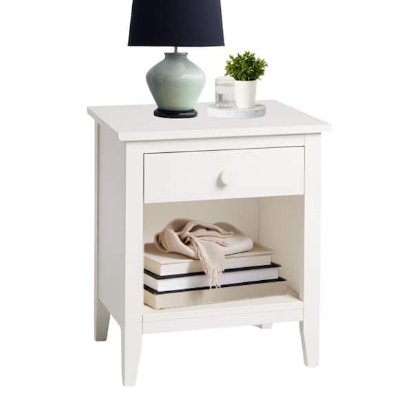 Simplicity Wooden Nightstand, Modern Bedside Table with Drawer and Open Storage Shelf for Bedroom or Kids Room, White