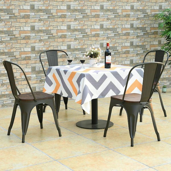 Set of 4, 18 Inch Height Metal Dining Chair Stackable with Wood Cushion in Bronze & Coffee