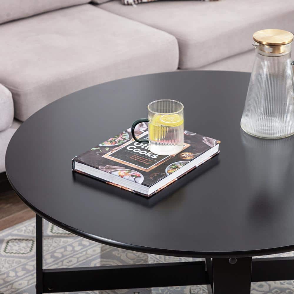 Black Round Wood Coffee Table with Sleek Design, 36"