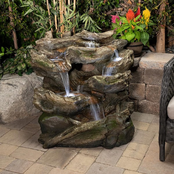 32 in. Tall Outdoor Multi-Tier Rainforest Rock Waterfall Fountain with LED Lights
