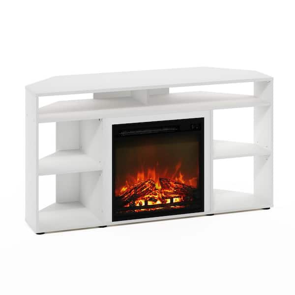 Furinno Jensen 46.54 in. Freestanding Wood Electric Fireplace TV Stand in Solid White