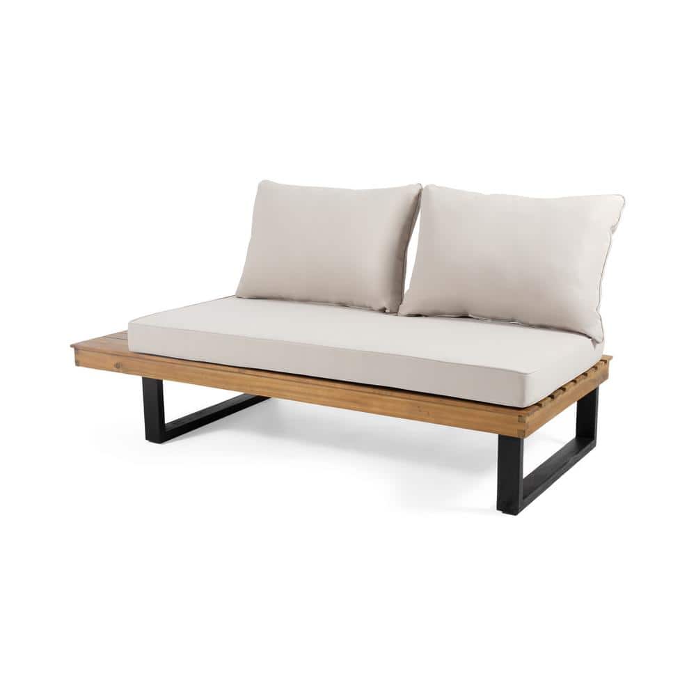 Teak Brown Four-Seater Sectional with Beige Cushions and Coffee Table