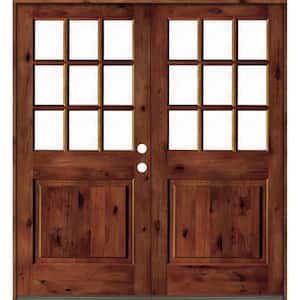72 in. x 80 in. Craftsman Knotty Alder Wood Clear 9-Lite Red Chestnut Stain Left Active Double Prehung Front Door