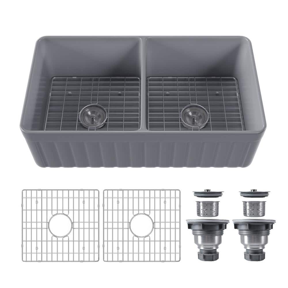 Gray Fireclay Double Bowl Farmhouse Kitchen Sink with Grid and Strainer