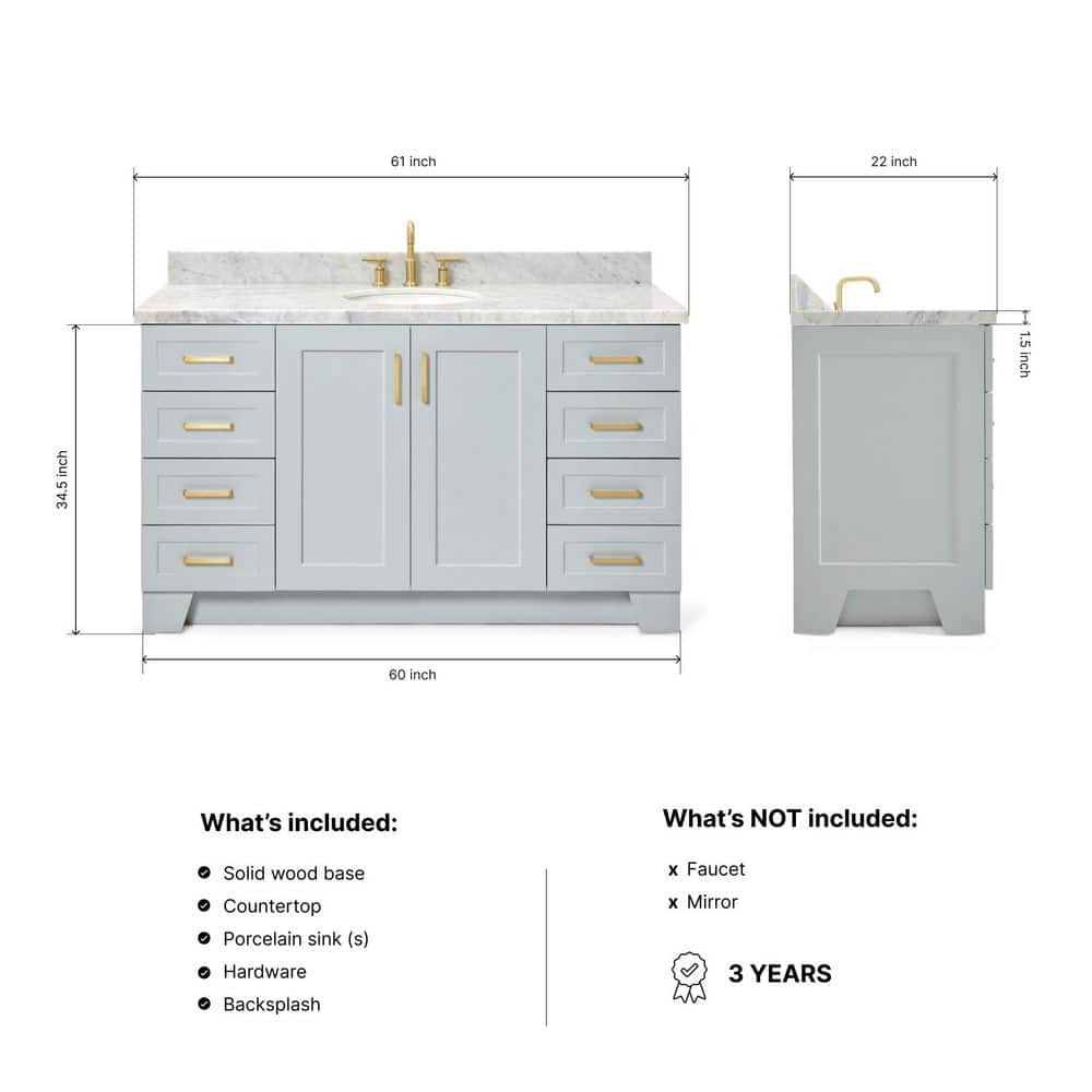 Taylor 61" Gray Freestanding Bath Vanity with Carrara Marble Top