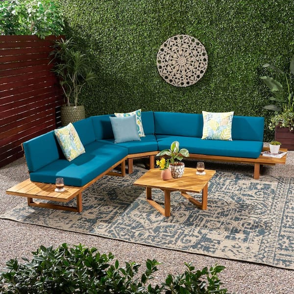 Noble House Mirabelle Teak Brown 4-Piece Wood Patio Conversation Sectional Seating Set with Dark Teal Cushions