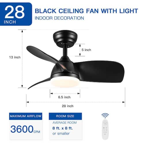 28 in. Indoor Black Ceiling Fan with Dimmable LED Light and Remote Control for Bedroom, Living Room, Dining Room Lighting