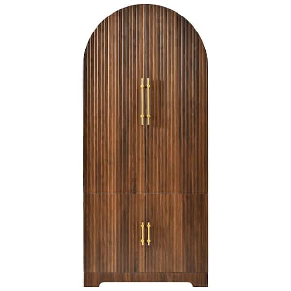 72in Brown Fluted Tall Arched Kitchen Pantry Storage Cabinet with 8 Door Shelves