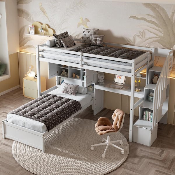 White Twin Over Twin Loft Bed with Storage Staircase and Built-in Desk