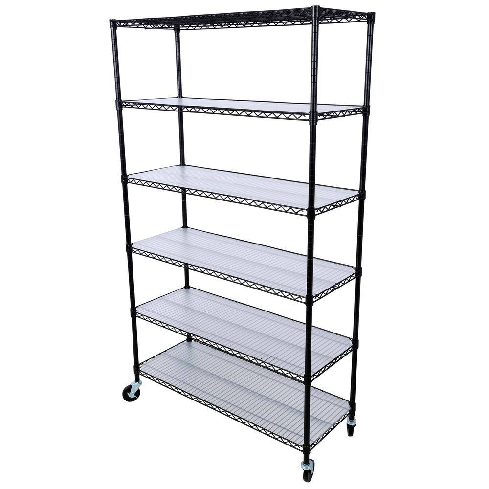 Black Heavy Duty 6-Tier Adjustable Metal Storage Rack with Wheels