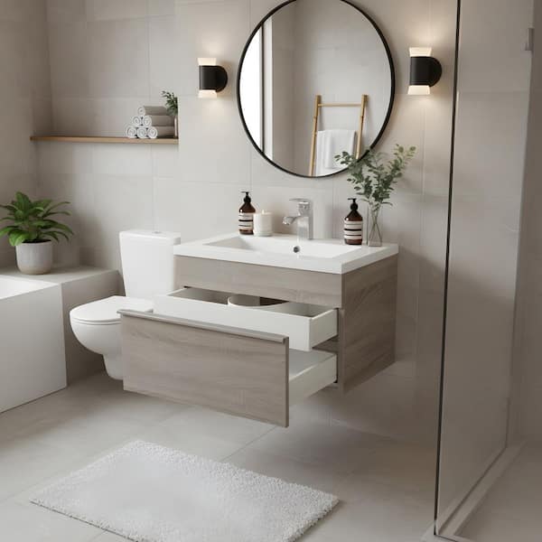 Trough 24 in. W x 16 in. D x 15 in. H Single Sink Wall Bathroom Vanity in Dorato with Cultured Marble Top in White