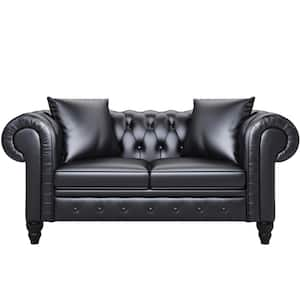 63 in. W Black PU Leather 2-Seats Upholstered Loveseat with 2-Pillows