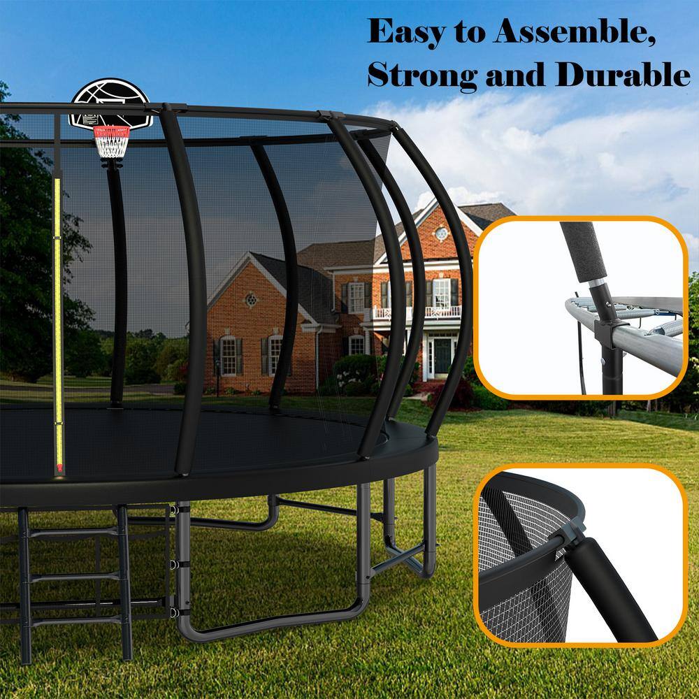 16FT Black Steel Trampoline with Safety Net and Basketball Hoop