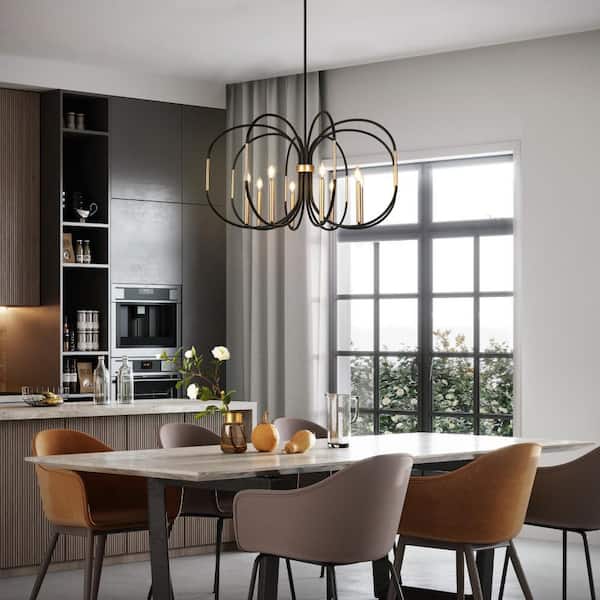 Traditional 37.8 in. W 8-Light Black Drum Chandelier, Minimalistic Dark Gold Circle Hanging Pendant Light Living Room