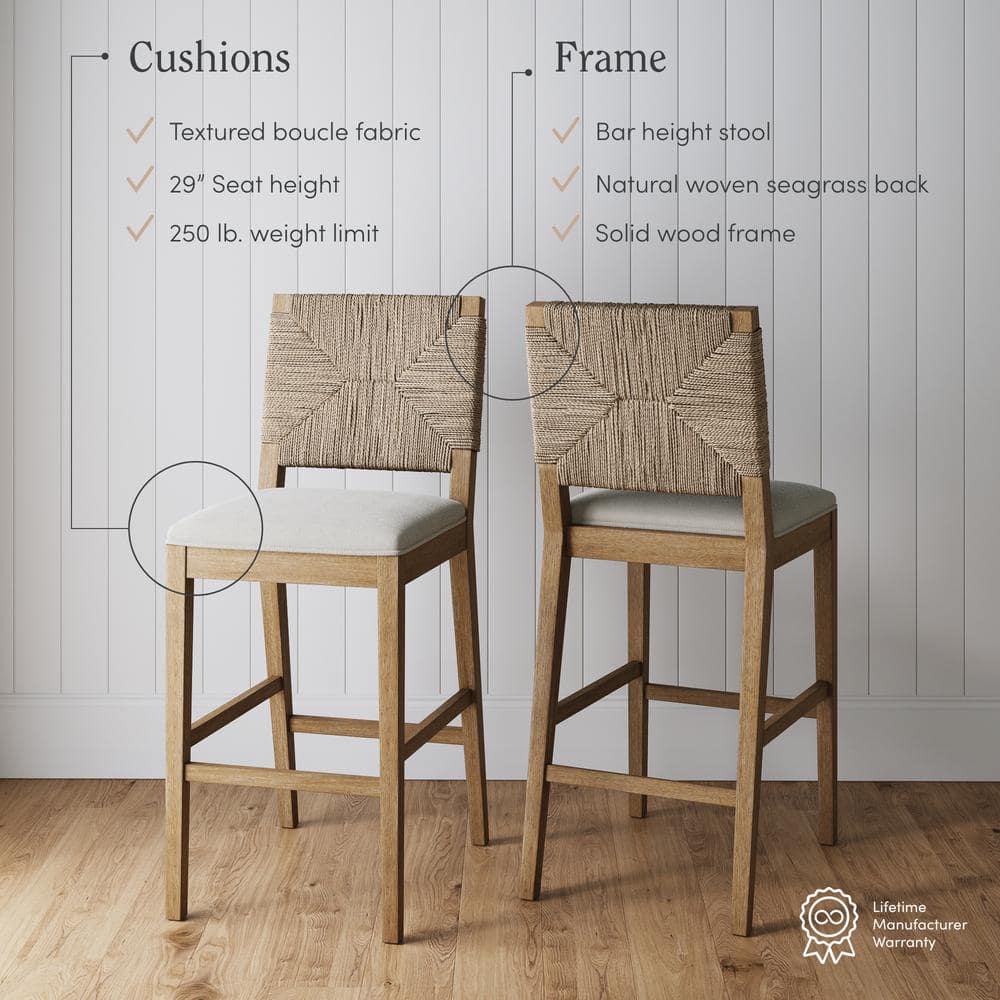 Beacon Light Brown Wood Bar Stools with Woven Backrest, Set of 4